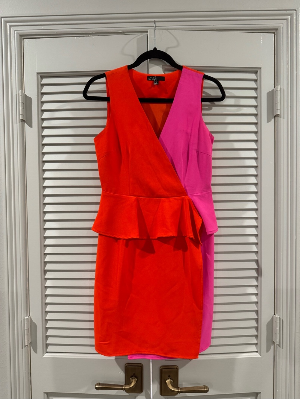 C. Luce Two-Tone Pink and Orange Sleeveless Peplum Wrap Dress
